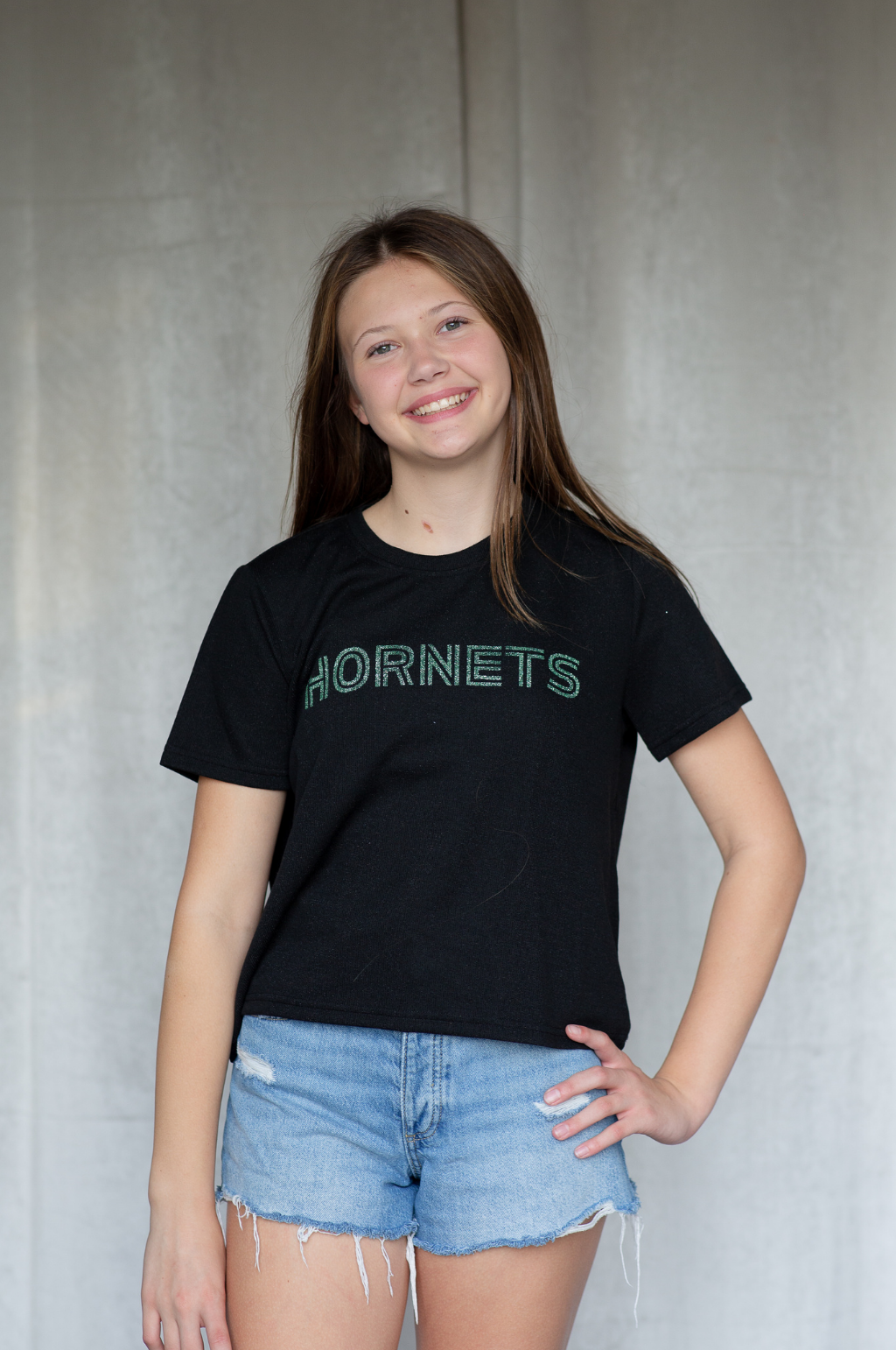 SoSis Signature Mid Length Sparkle Boxy Tee HORNETS bold text