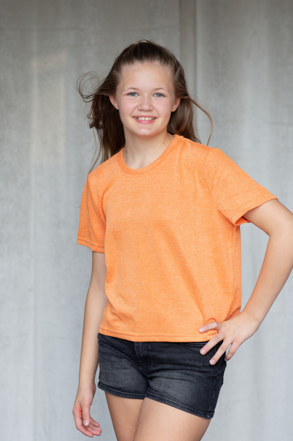 SoSis Signature Mid Length Boxy Orange Sparkle Tee