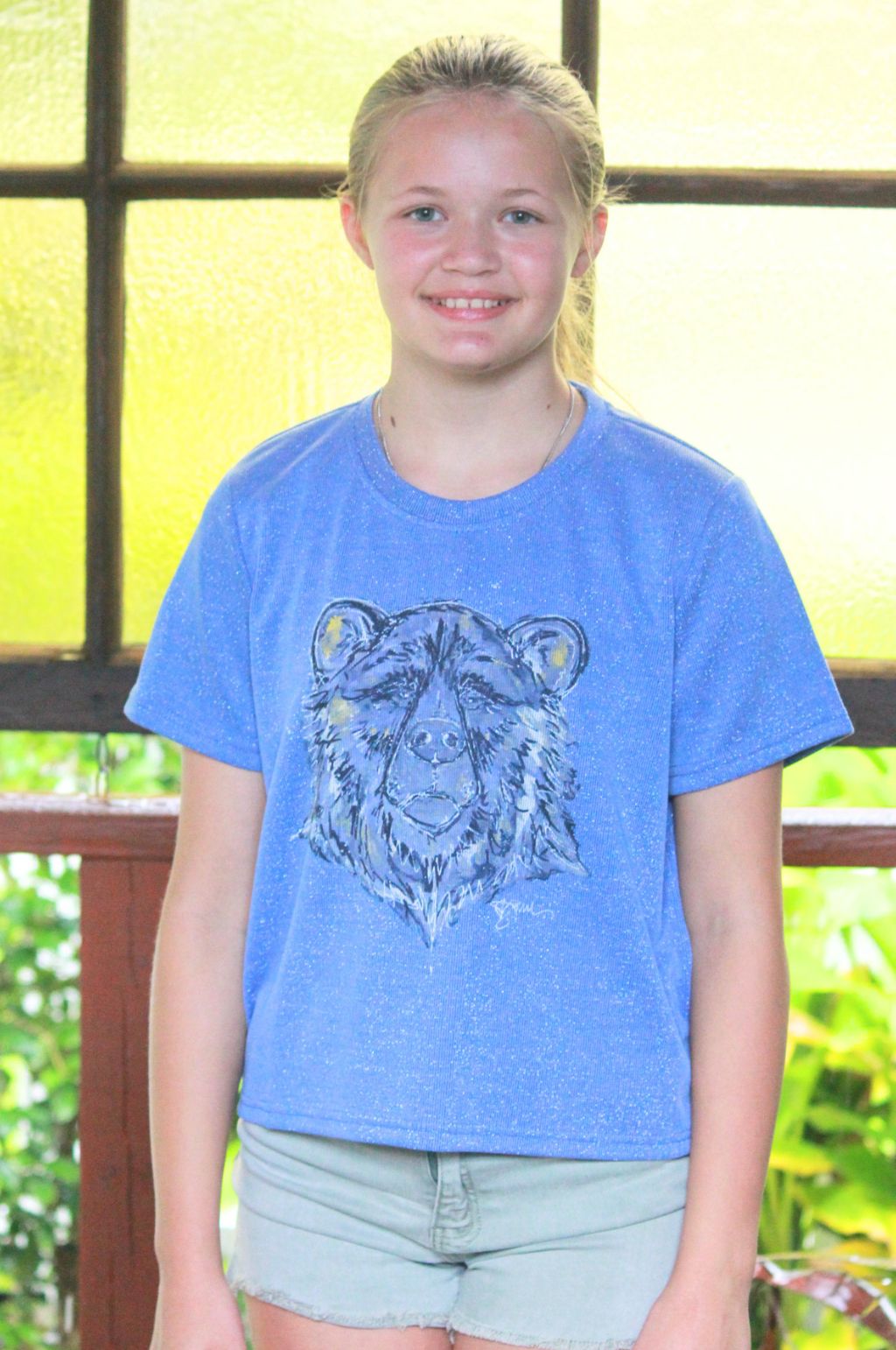 SoSis Signature Mid Length Boxy Sparkle Bear (blue) Mascot Tee