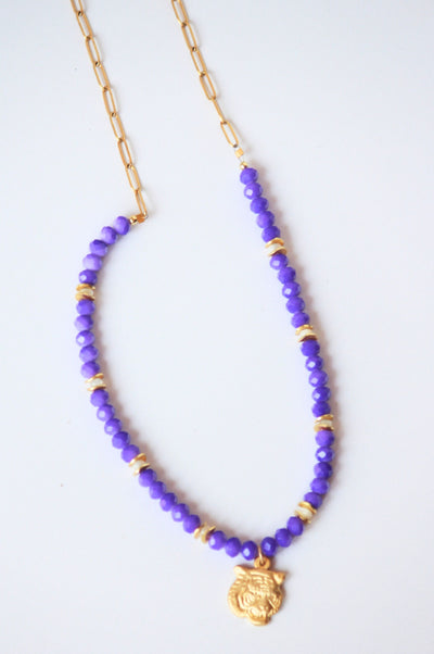 Tiger Charm Purple Beaded Necklace