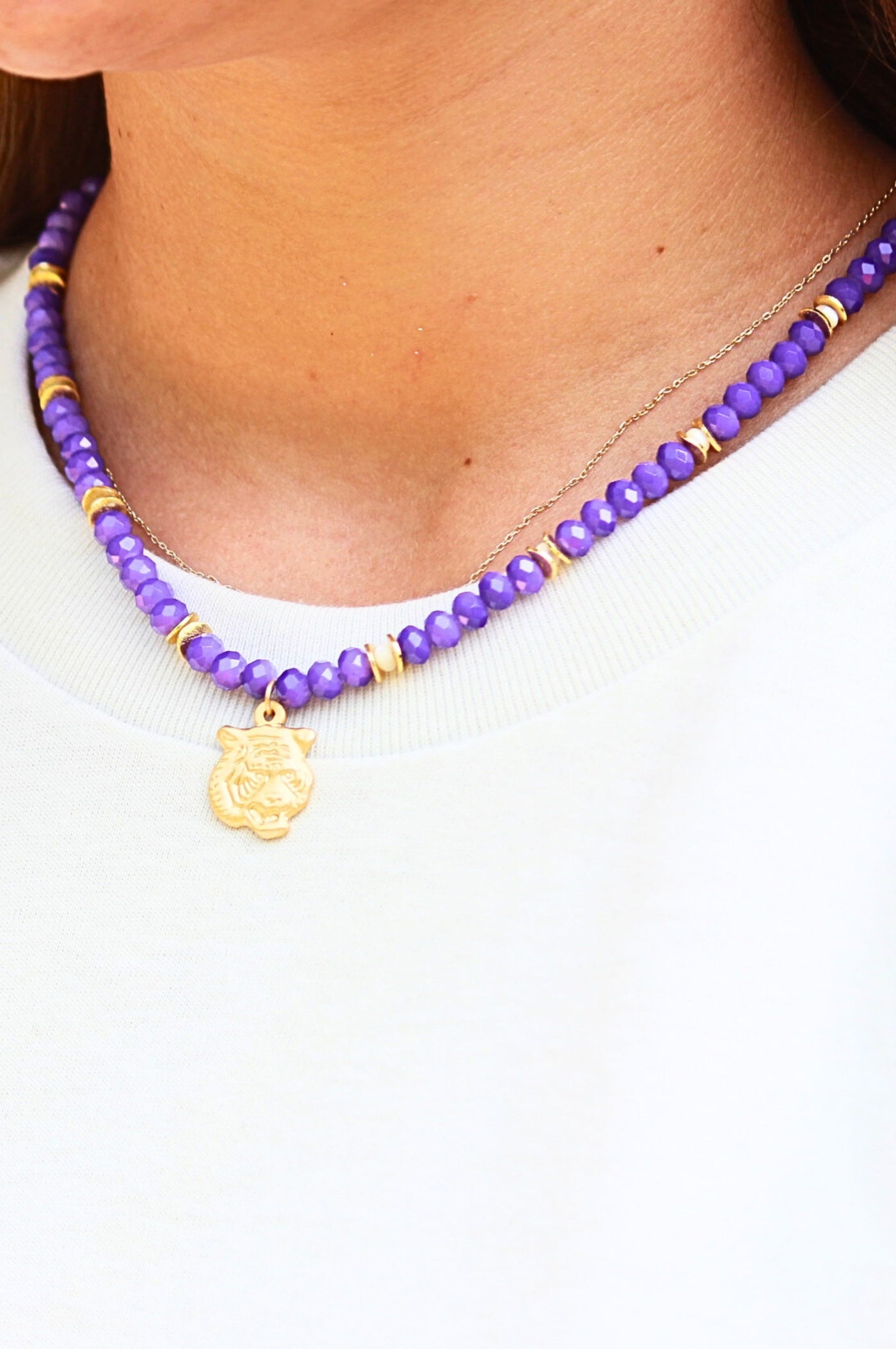 Tiger Charm Purple Beaded Necklace