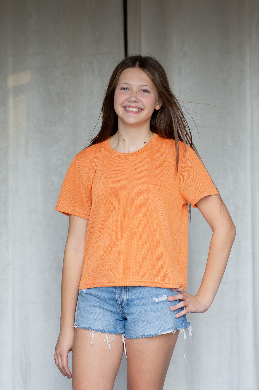 SoSis Signature Mid Length Boxy Orange Sparkle Tee