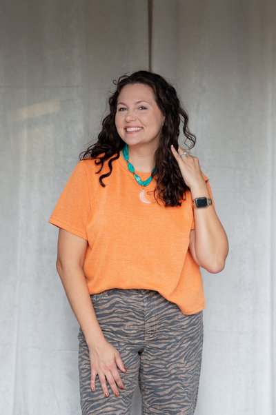 SoSis Signature Mid Length Boxy Orange Sparkle Tee