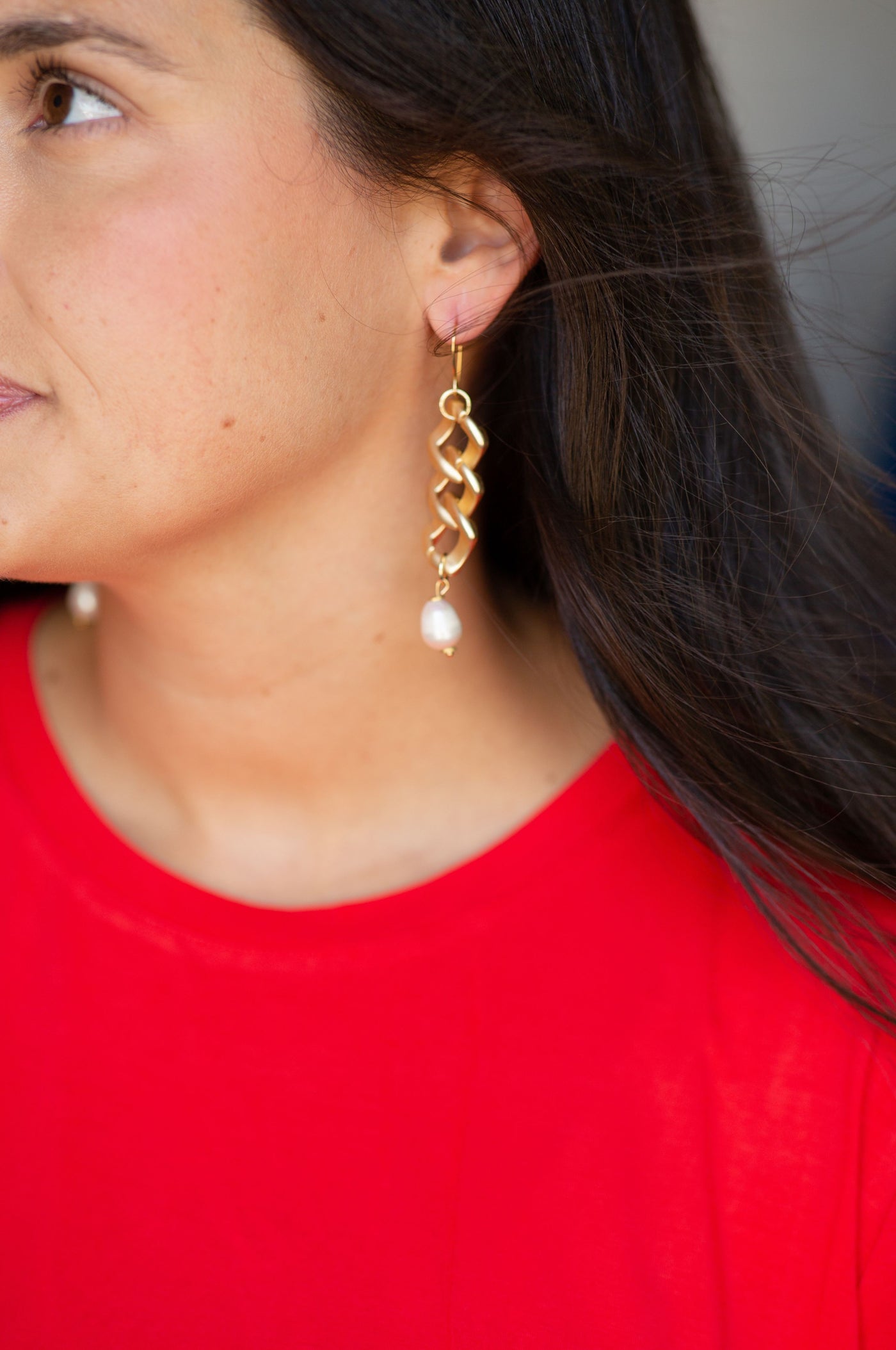 Gold Chain Pearl Drop Earrings