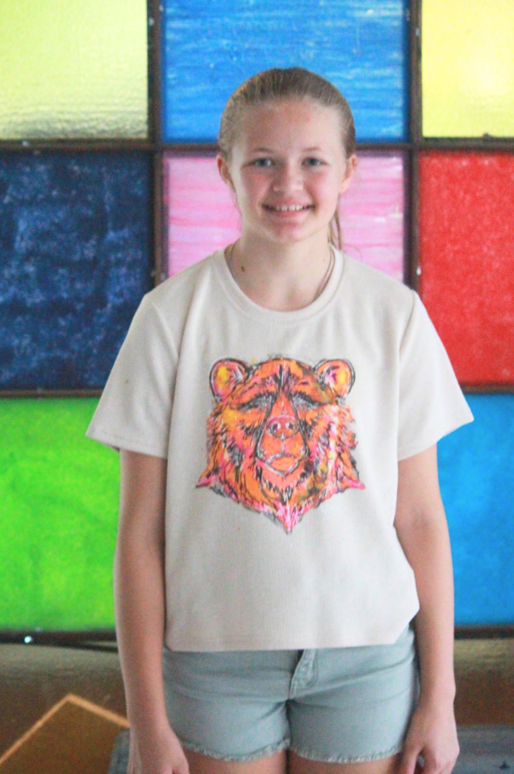 SoSis Signature Mid Length Boxy Sparkle Bear (orange) Mascot Tee