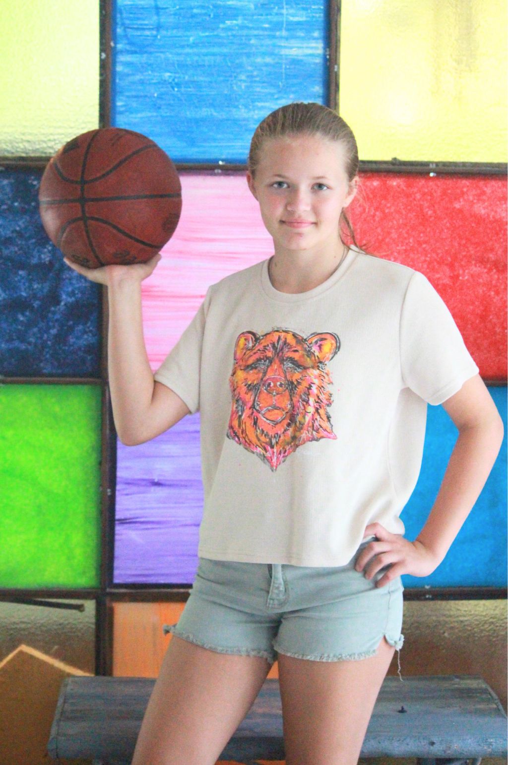 SoSis Signature Mid Length Boxy Sparkle Bear (orange) Mascot Tee