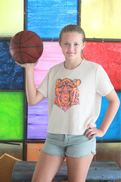 SoSis Signature Mid Length Boxy Sparkle Bear (orange) Mascot Tee
