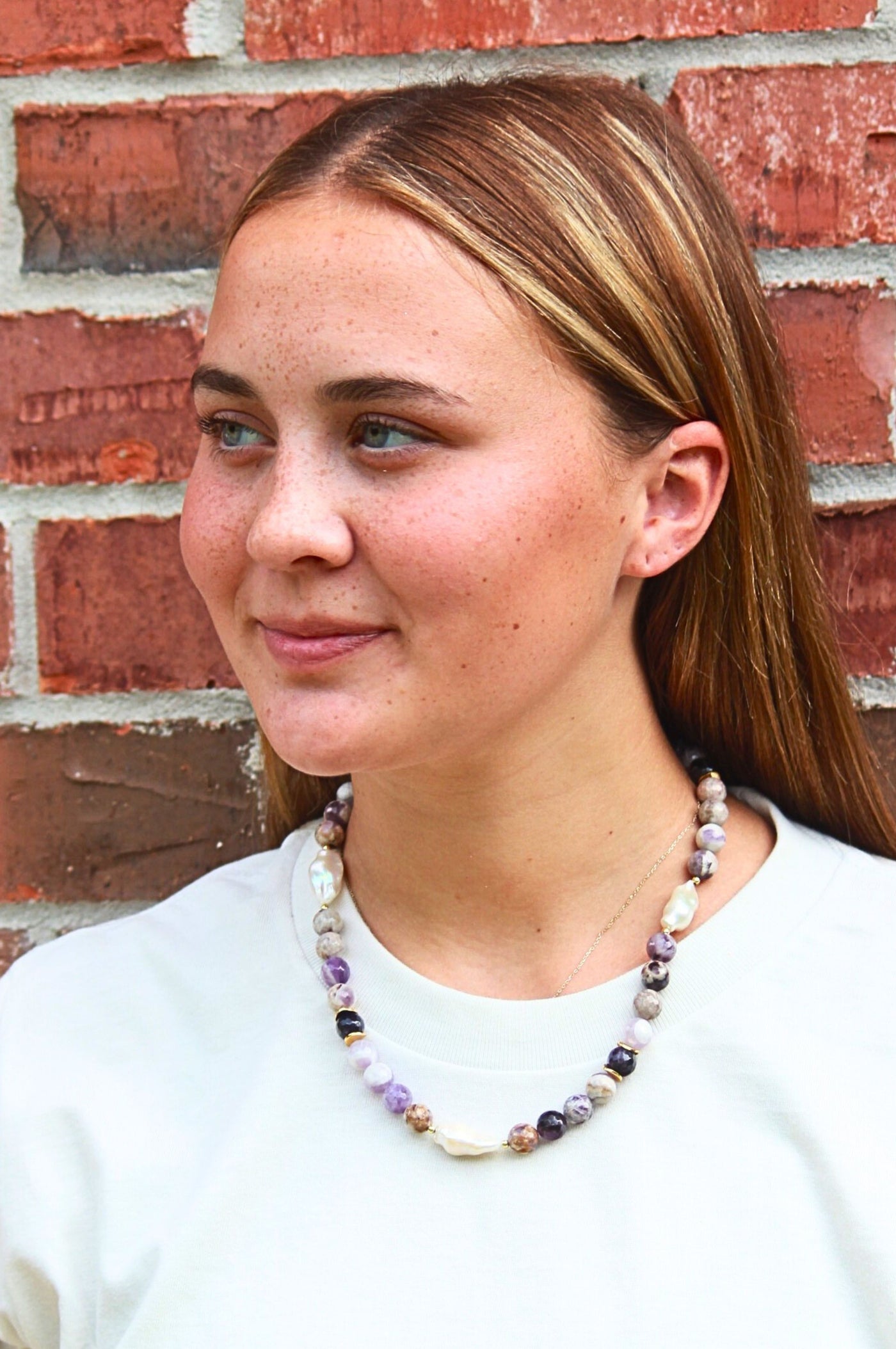 Purple Natural Gemstone and Pearl Necklace