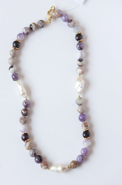 Purple Natural Gemstone and Pearl Necklace