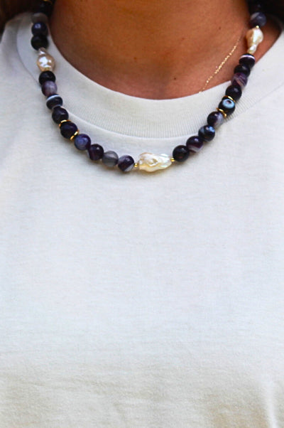 Purple Natural Gemstone and Pearl Necklace
