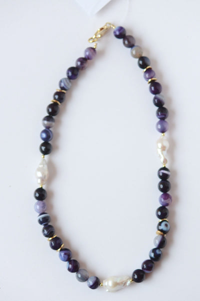 Purple Natural Gemstone and Pearl Necklace