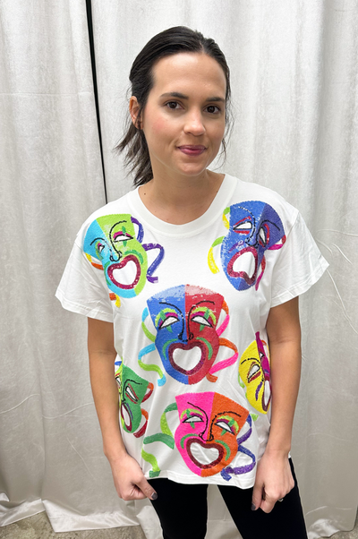 White Multi Mardi Gras Mask Tee by Queen of Sparkles - SoSis