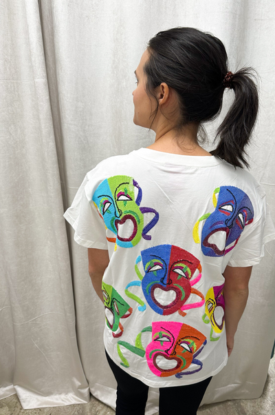 White Multi Mardi Gras Mask Tee by Queen of Sparkles - SoSis
