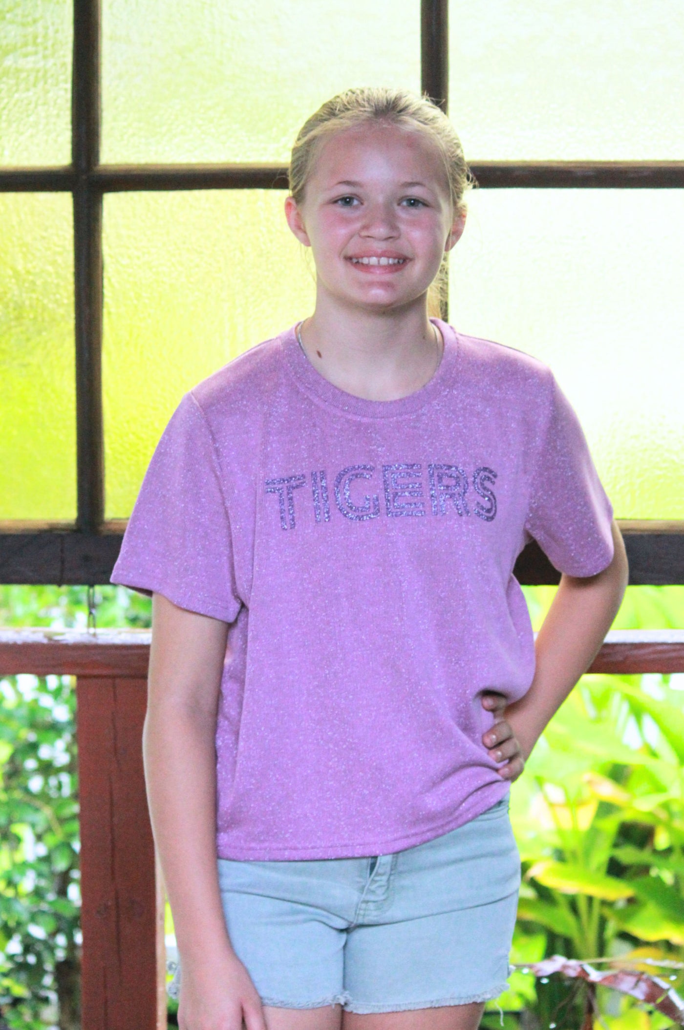 SoSis Signature Mid Length Sparkle Boxy Tee TIGERS bold text
