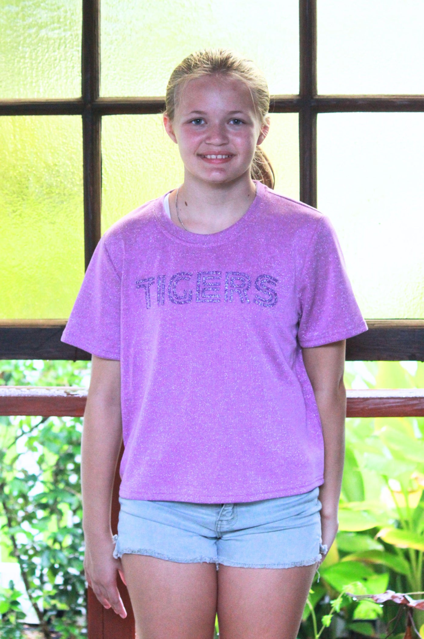 SoSis Signature Mid Length Sparkle Boxy Tee TIGERS bold text