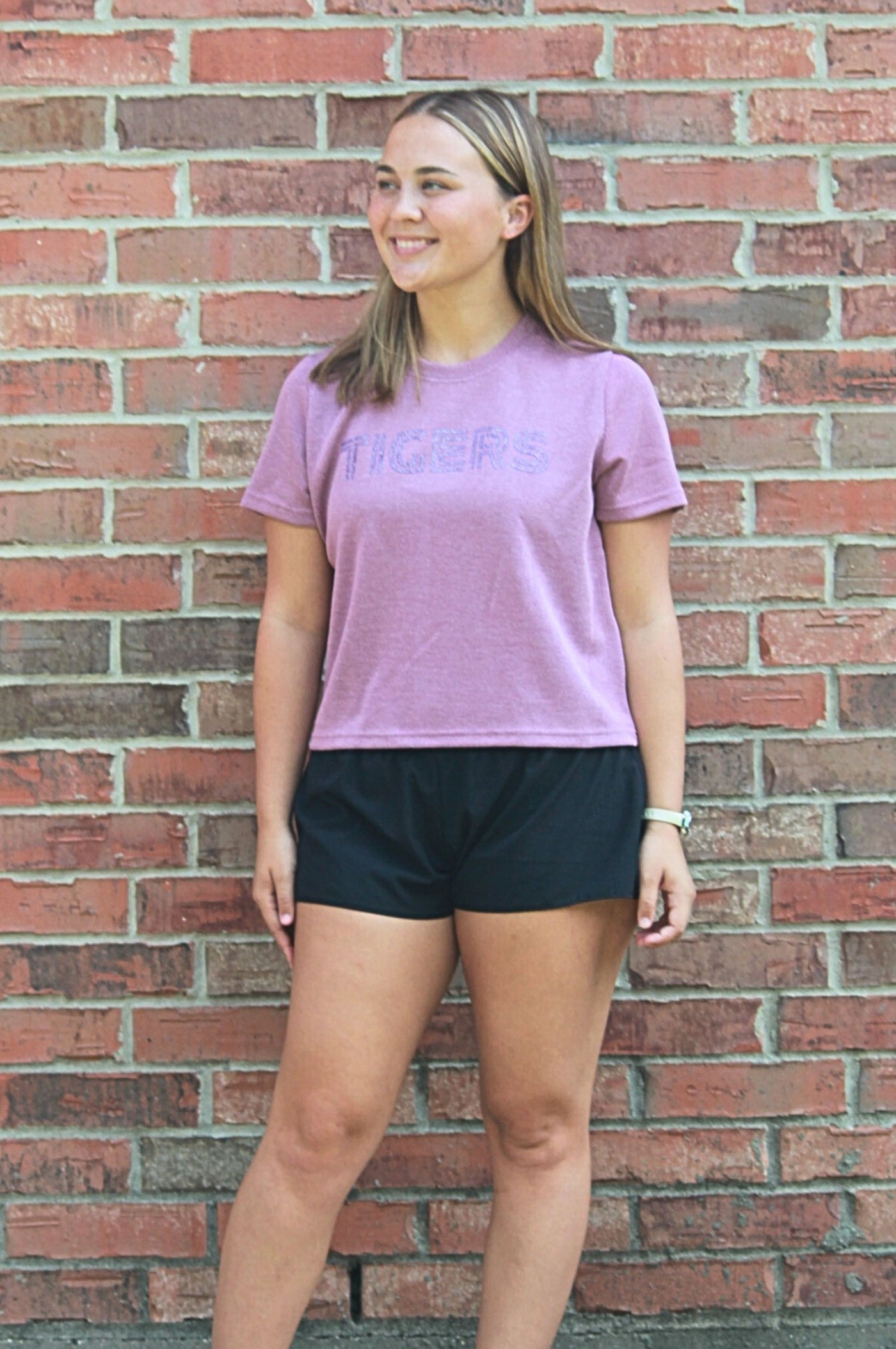 SoSis Signature Mid Length Sparkle Boxy Tee TIGERS bold text