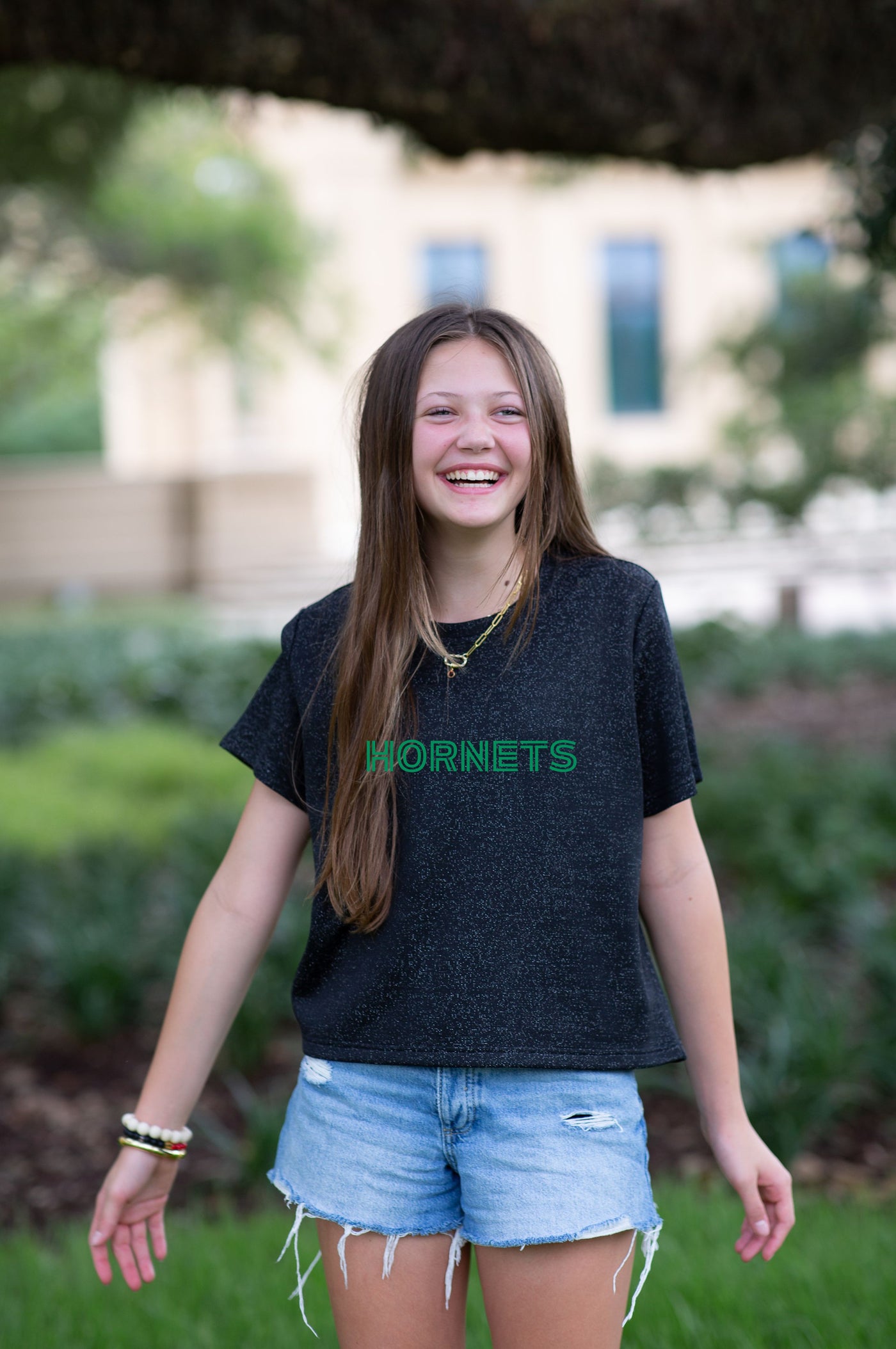 SoSis Signature Mid Length Sparkle Boxy Tee HORNETS bold text
