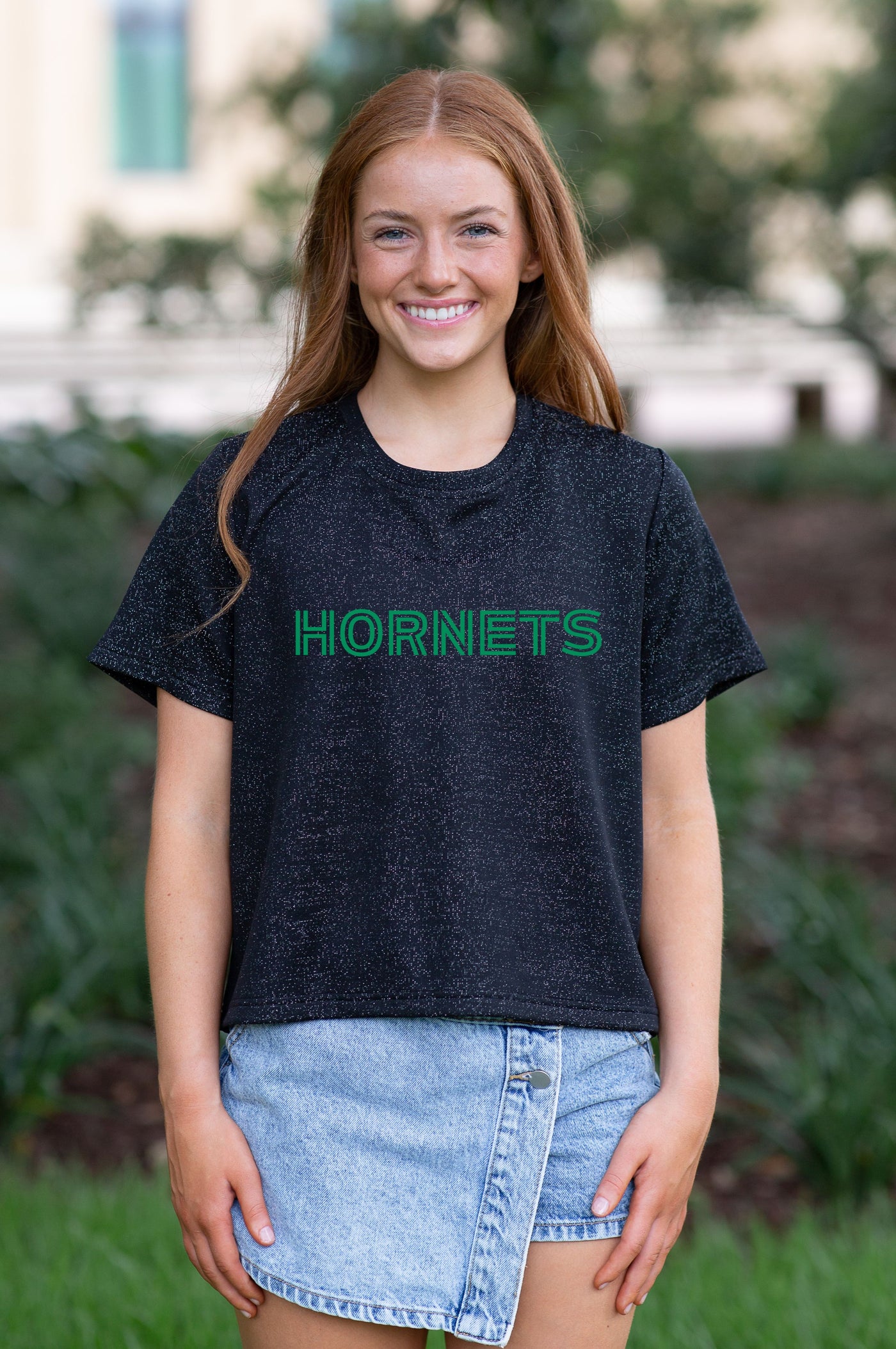 SoSis Signature Mid Length Sparkle Boxy Tee HORNETS bold text