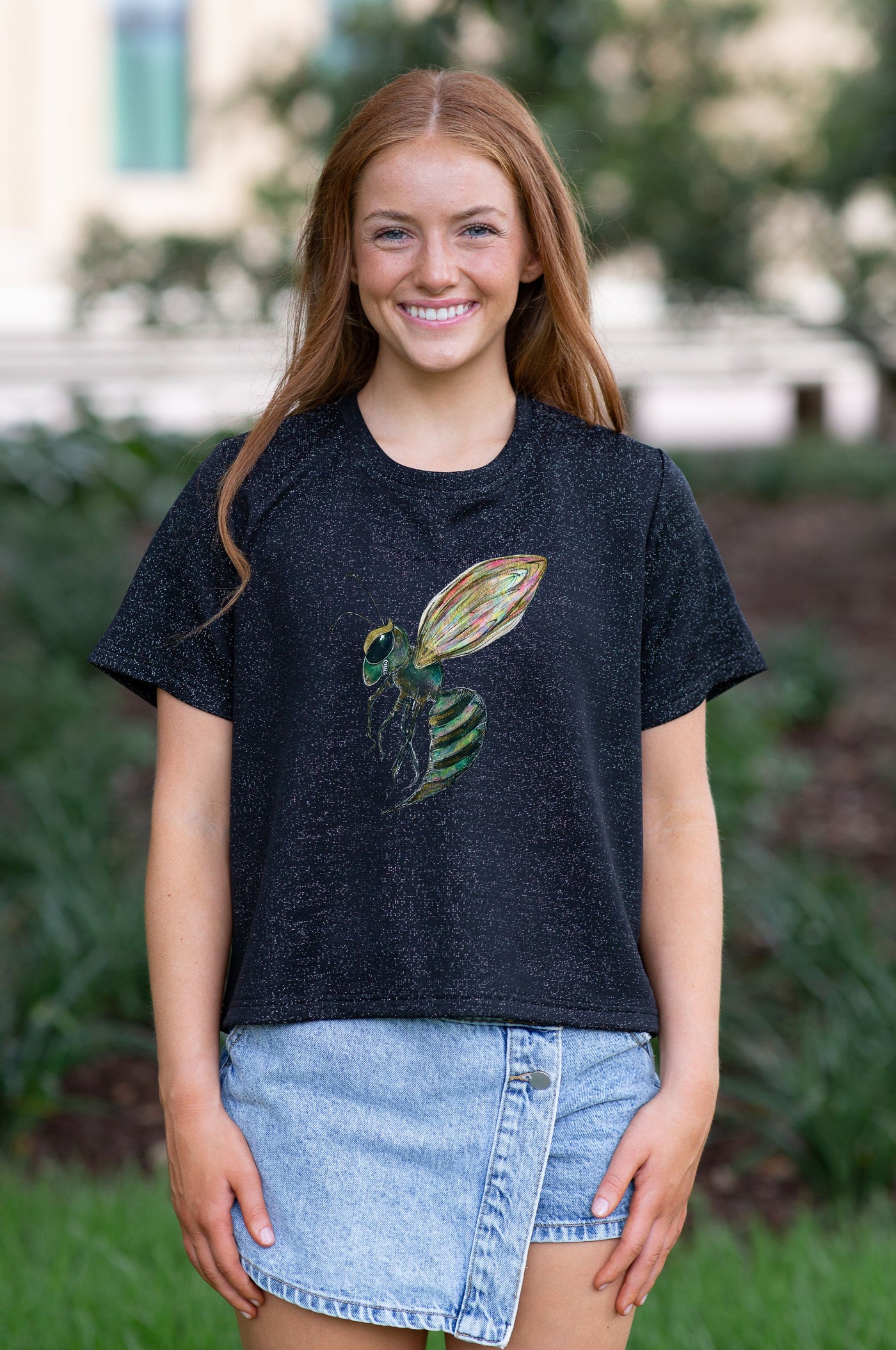SoSis Signature Mid Length Boxy Sparkle Hornet Mascot Tee