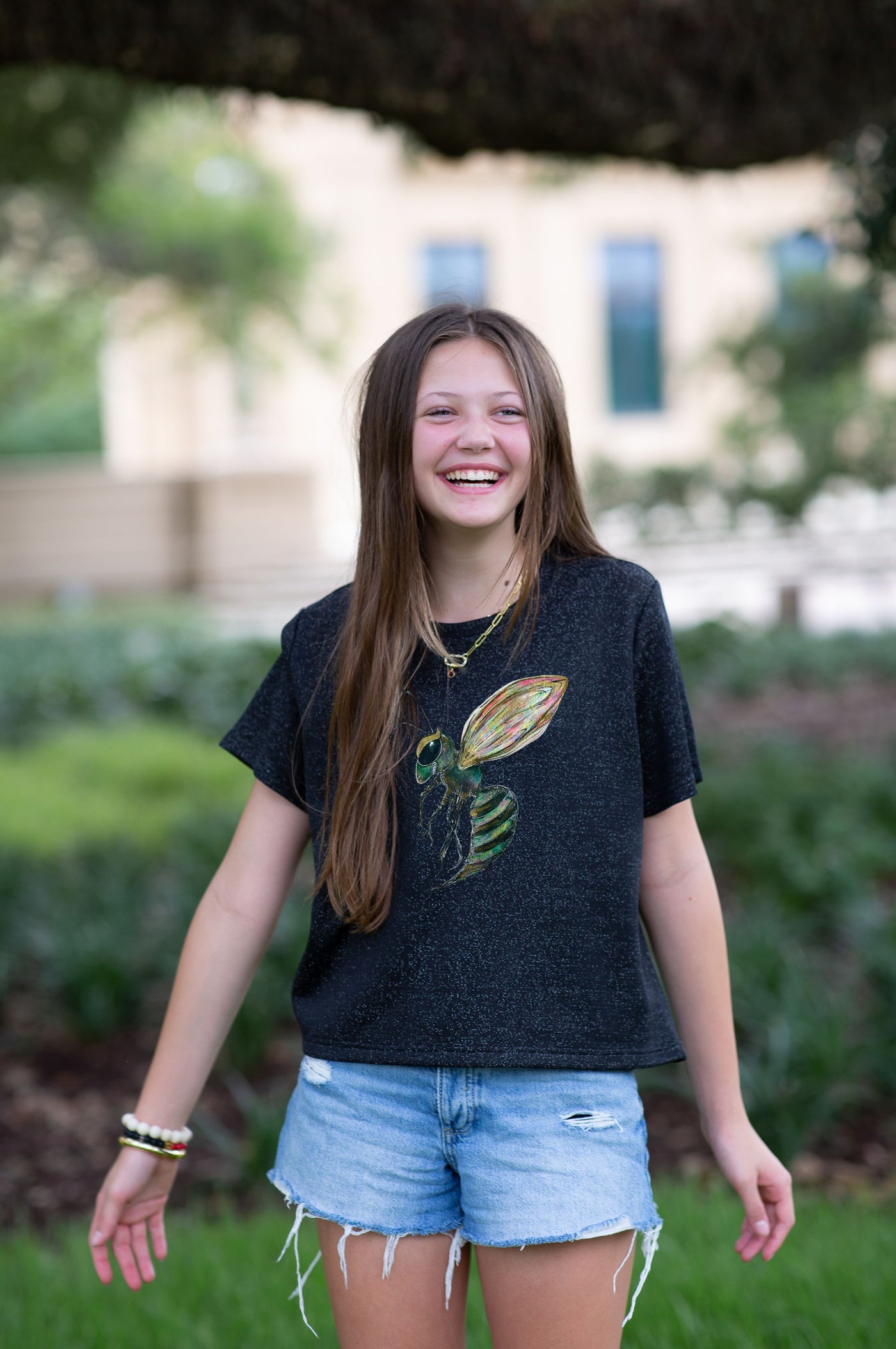 SoSis Signature Mid Length Boxy Sparkle Hornet Mascot Tee