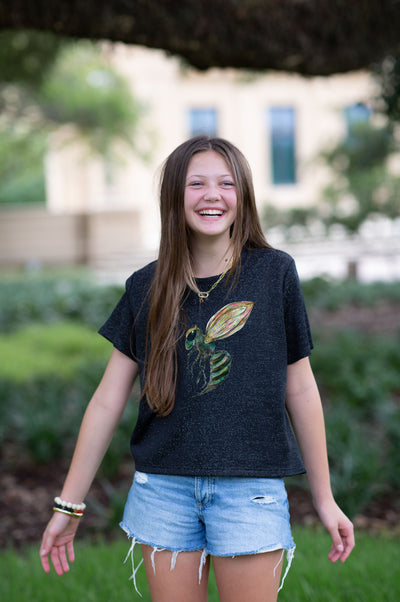 SoSis Signature Mid Length Boxy Sparkle Hornet Mascot Tee