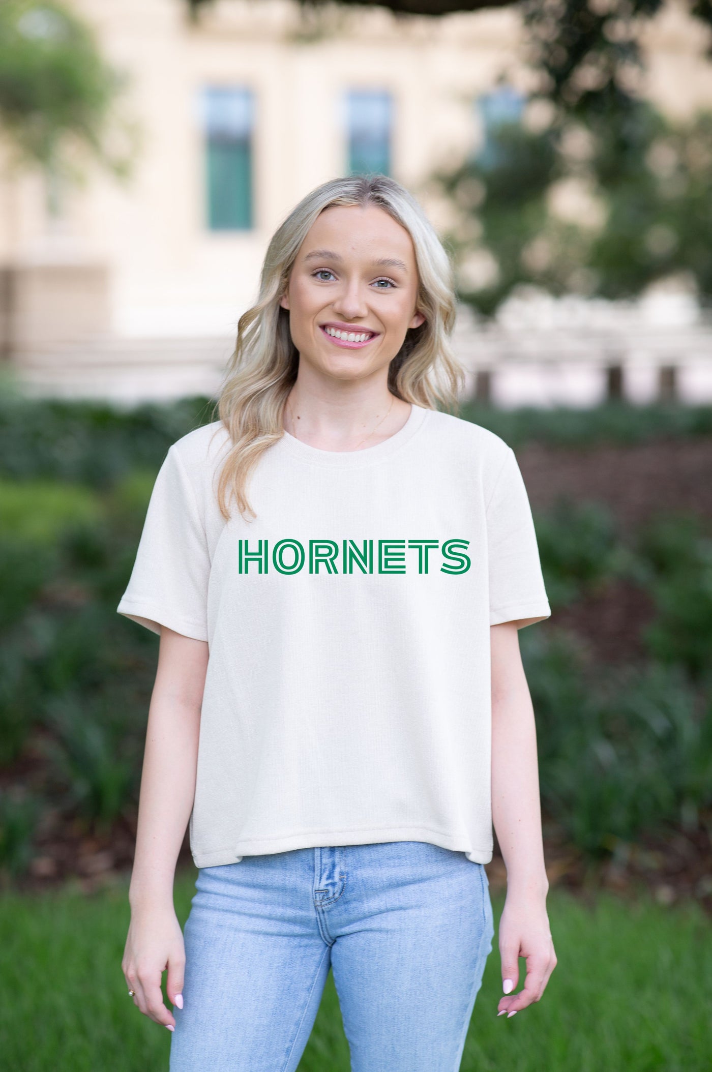 SoSis Signature Mid Length Sparkle Boxy Tee HORNETS bold text