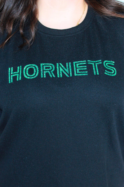 SoSis Signature Mid Length Sparkle Boxy Tee HORNETS bold text