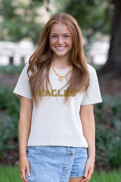 SoSis Signature Mid Length Sparkle Boxy Tee EAGLES bold text