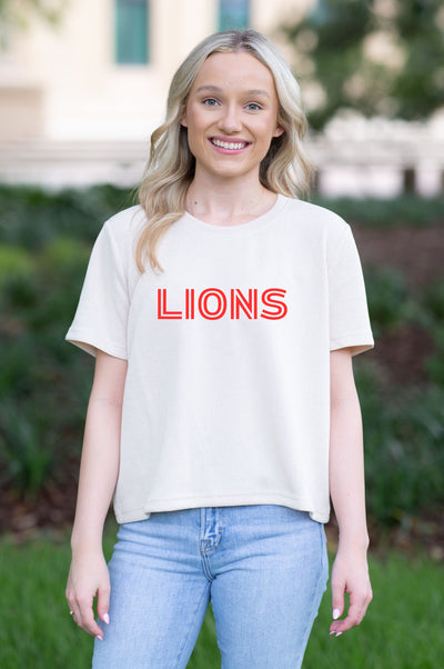 SoSis Signature Mid Length Sparkle Boxy Tee LIONS  bold text