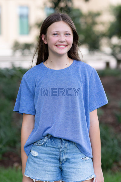 SoSis Signature Mid Length Sparkle Boxy Tee MERCY bold text