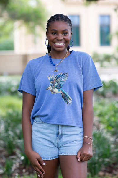 SoSis Signature Mid Length Boxy Sparkle Bluejay Mascot Tee