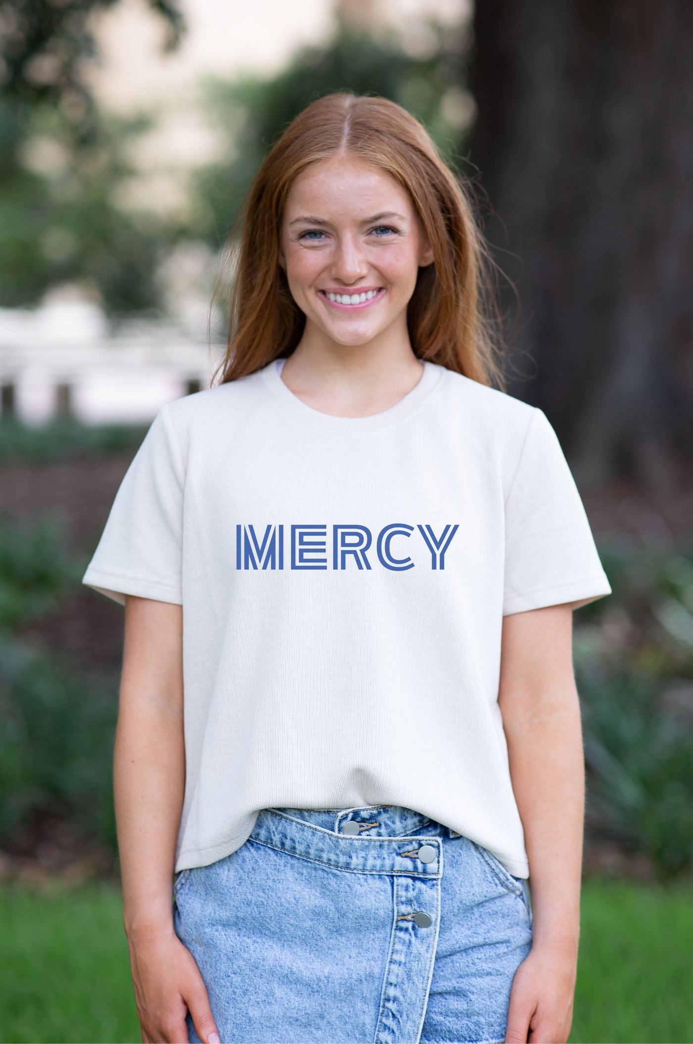 SoSis Signature Mid Length Sparkle Boxy Tee MERCY bold text