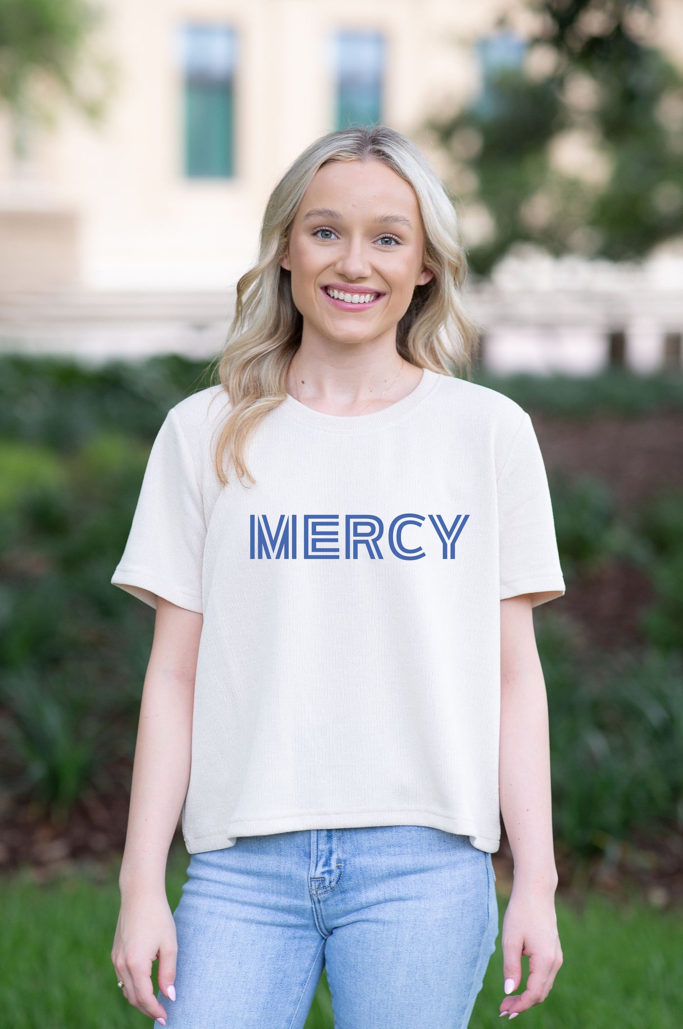 SoSis Signature Mid Length Sparkle Boxy Tee MERCY bold text