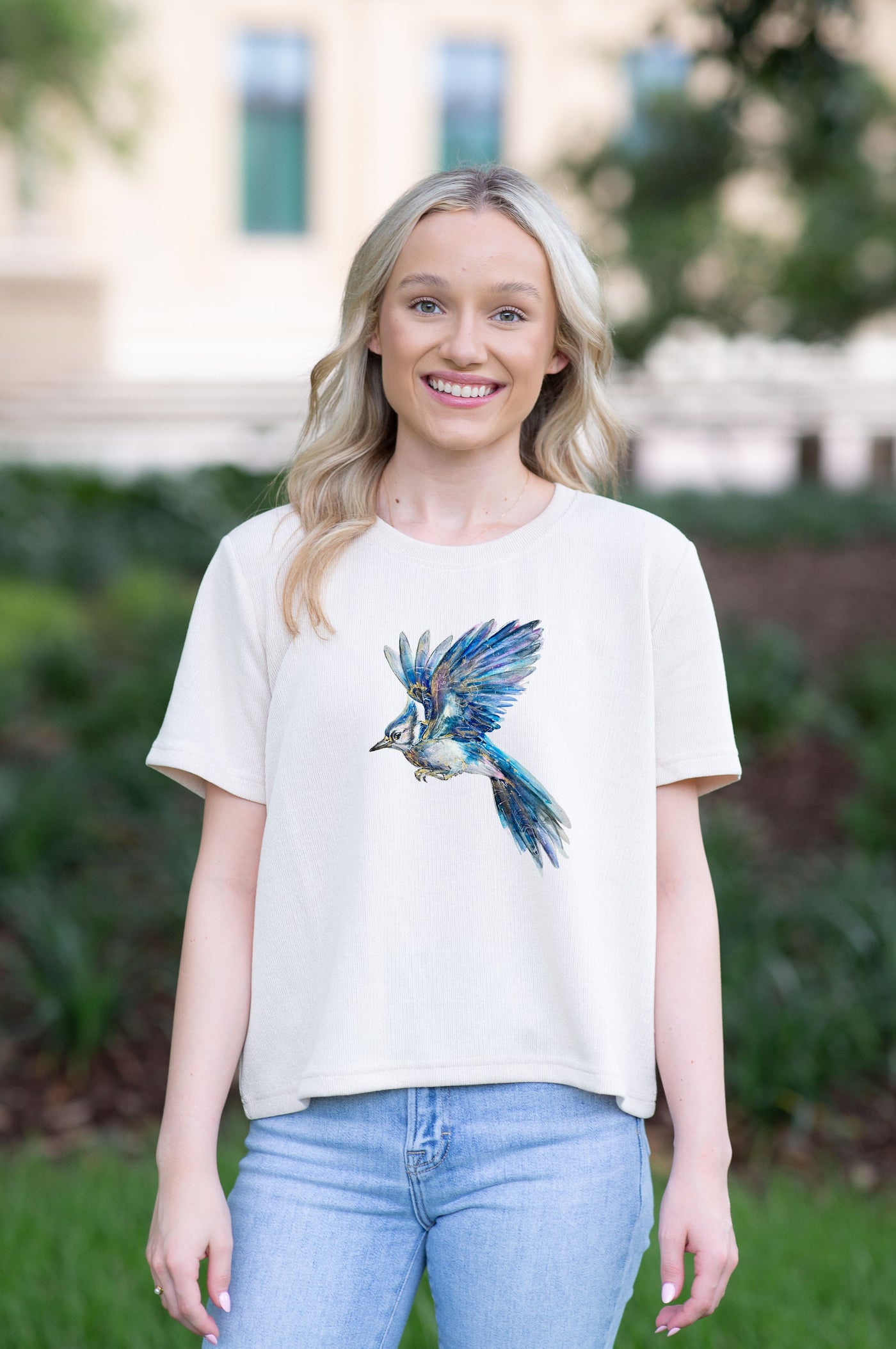 SoSis Signature Mid Length Boxy Sparkle Bluejay Mascot Tee