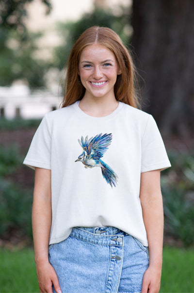 SoSis Signature Mid Length Boxy Sparkle Bluejay Mascot Tee