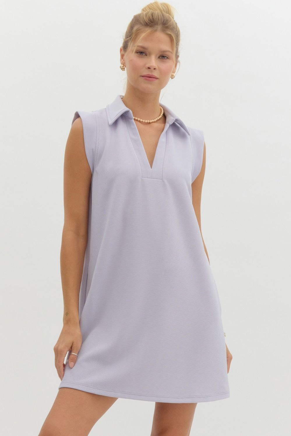 Solid Collared V-neck Sleeveless Mini Dress