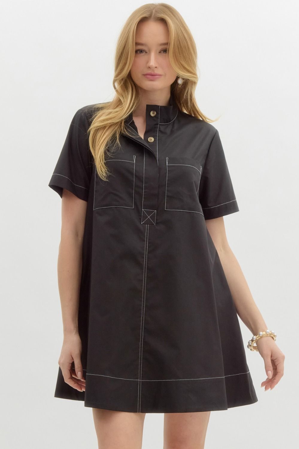 Half Placket Button Swing Mini Dress