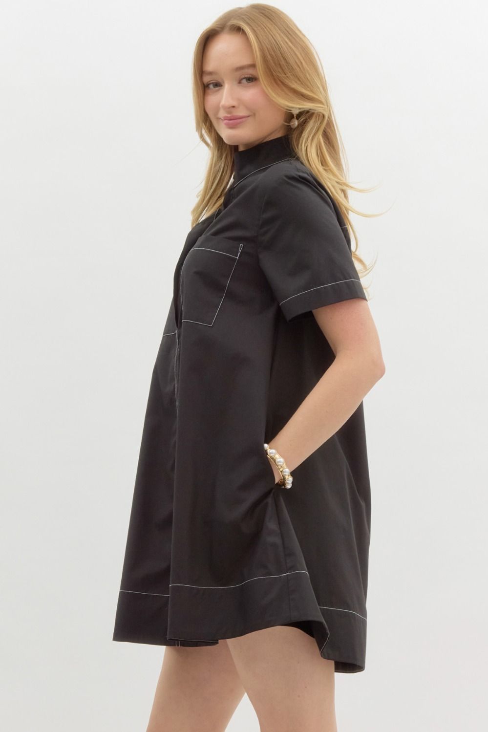 Half Placket Button Swing Mini Dress