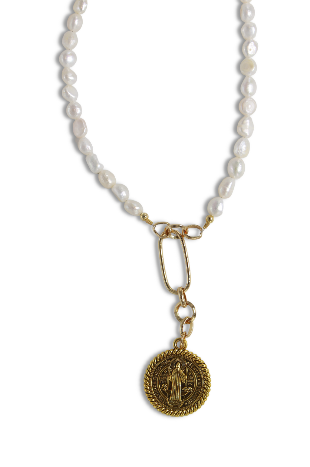St. Benedict Pendant Pearl Necklace by Annie Claire Designs - SoSis