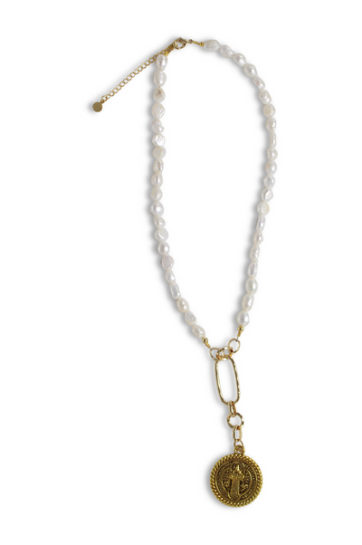St. Benedict Pendant Pearl Necklace by Annie Claire Designs - SoSis